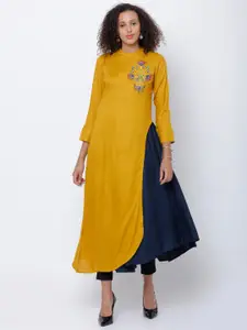 Vishudh Women Mustard & Navy Blue Solid Layered A-Line Kurta