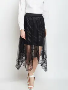 Berrylush Black Lace Knee-Length Semi Sheer Skirt