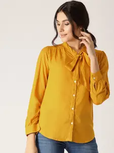 AKS Couture Women Mustard Yellow Solid Shirt Style Top