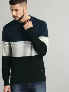 Roadster Men Navy Blue & Grey Colourblocked Pullover