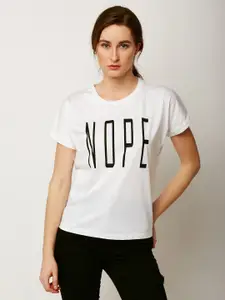 Miss Chase Women White Printed Round Neck T-shirt