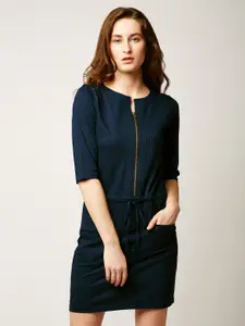 Miss Chase Navy Blue Cotton Knee Length Sheath Dress