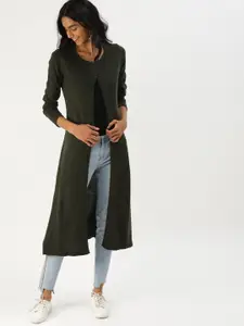 DressBerry Women Olive Green Solid Front-Open Longline Sweater