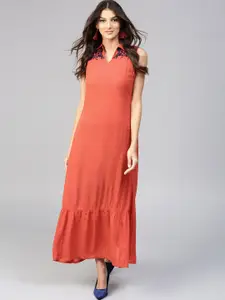 SASSAFRAS Women Orange Solid Ethnic Maxi Dress
