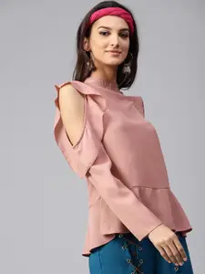 SASSAFRAS Women Pink Cold-Shoulder Top