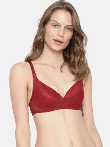 Enamor Women Red Padded Non-Wired Perfect Plunge T-Shirt Bra With Detachable Straps