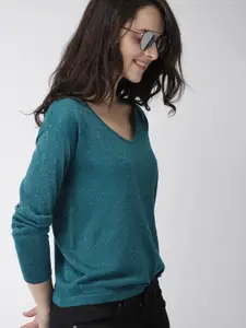 Mast & Harbour Women Teal Blue Sheen Pullover Sweater