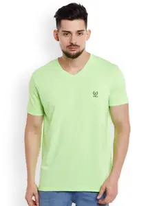 MACK JONNEY Men Fluorescent Green Solid V-Neck T-shirt