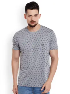 MACK JONNEY Men Grey Melange & Blue Printed Round Neck T-shirt