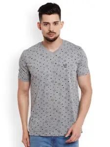 MACK JONNEY Men Grey Melange Printed V-Neck T-shirt