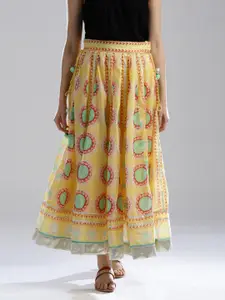 W Yellow & Pink Printed Maxi Flared Pure Cotton Skirt