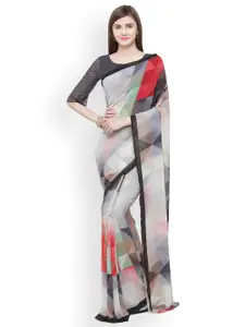 Shaily Grey & White Pure Georgette Printed Saree