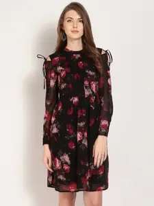 RARE Black Floral Printed Fit and Flare Dress