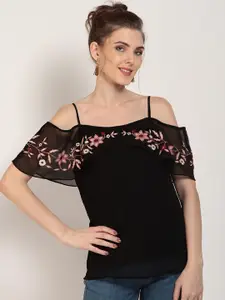 RARE Women Black Solid Top with Embroidery