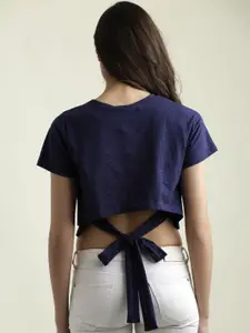 Miss Chase Navy Blue Solid Cropped Boxy Pure Cotton Top