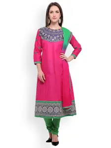 Blissta Pink & Green Cotton Blend Unstitched Dress Material