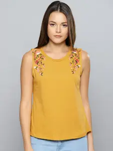 Chemistry Women Mustard Solid High-Low Pure Cotton Top