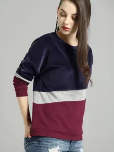 Roadster Women Navy & Burgundy Colourblocked Sweatshirt
