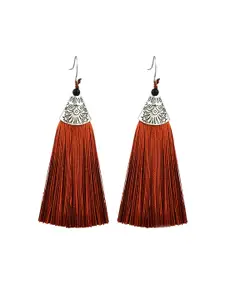 Crunchy Fashion Silver-Toned & Brown Contemporary Tasselled Earrings