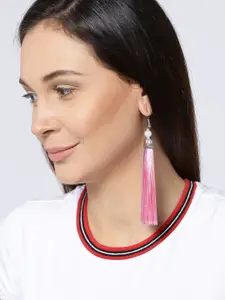 Crunchy Fashion Silver-Toned & Pink Contemporary Tasslled Earrings