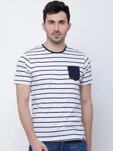 LOCOMOTIVE Men Navy Blue & White  Striped Round Neck Slim Fit T-shirt