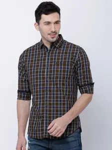 LOCOMOTIVE Men Brown & Navy Blue Slim Fit Checked Casual Shirt