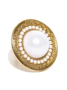 Crunchy Fashion Women Gold-Toned & White Beaded Cocktail Ring