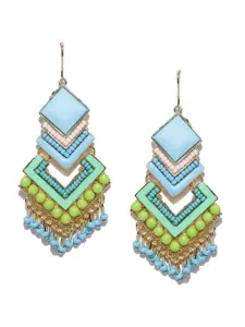Crunchy Fashion Blue & Green Beaded Geometric Drop Earrings