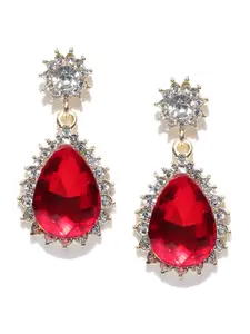 Crunchy Fashion Red Gold-Plated Stone-Studded Teardrop Shaped Drop Earrings