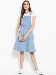 StyleStone Women Denim Blue Solid Pinafore Dress