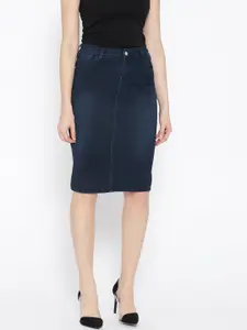 Purple Feather Navy Washed Denim Pencil Skirt