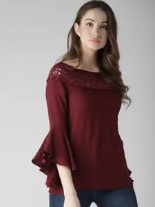 Style Quotient Maroon Lace Top with Bell Sleeves