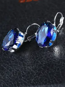 OOMPH Blue Silver-Plated Handcrafted CZ Stone-Studded Oval Drop Earrings