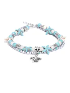 OOMPH Oxidised Silver-Toned & Turquoise Blue Beaded Charm Anklet