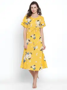 Azira Women Yellow Floral Print Fit and Flare Dress