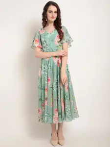 RARE Green Floral Printed Fit and Flare Dress