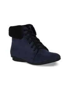 Bruno Manetti Women Navy Blue Suede Flat Boots