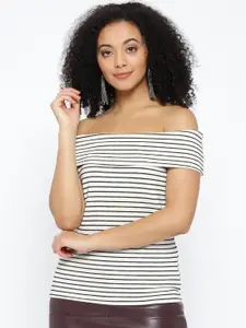 Vero Moda Women Off-White & Black Striped Off-Shoulder Top