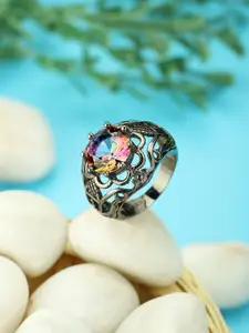 Peora Women Black Round Cut  Mystic Rainbow Topaz Solitaire Ring