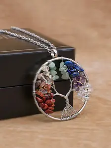 Peora Silver-Toned 7 Chakra Rainbow Tree of Life Crystal Pendant With Chain