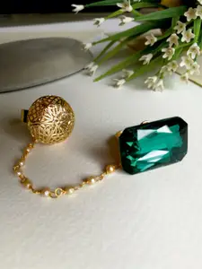 Priyaasi Gold-Toned & Green Stone-Studded Dual Finger Adjustable Ring