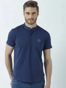 Huetrap Men Navy Blue Solid Mandarin Collar T-shirt