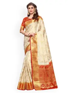 MIMOSA Beige Art Silk Embellished Kanjeevaram Saree