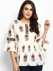 Bhama Couture Women Off-White Printed A-Line Pure Cotton Top