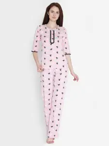 Claura Women Pink Printed Night suit