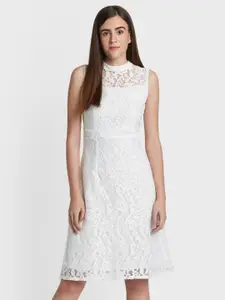 AND Women White Self-Design A-Line Dress