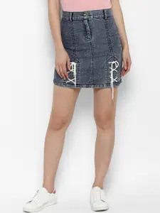 StyleStone Women Blue Washed A-Line Denim Skirt