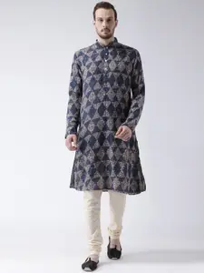 KISAH Men Navy Blue & Beige Printed Kurta with Churidar