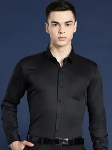 Hancock Men Black Solid Slim Fit Pure Cotton Satin Tuxedo Formal Shirt