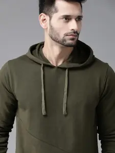 Roadster Men Olive Green Solid Hooded Sweatshirt